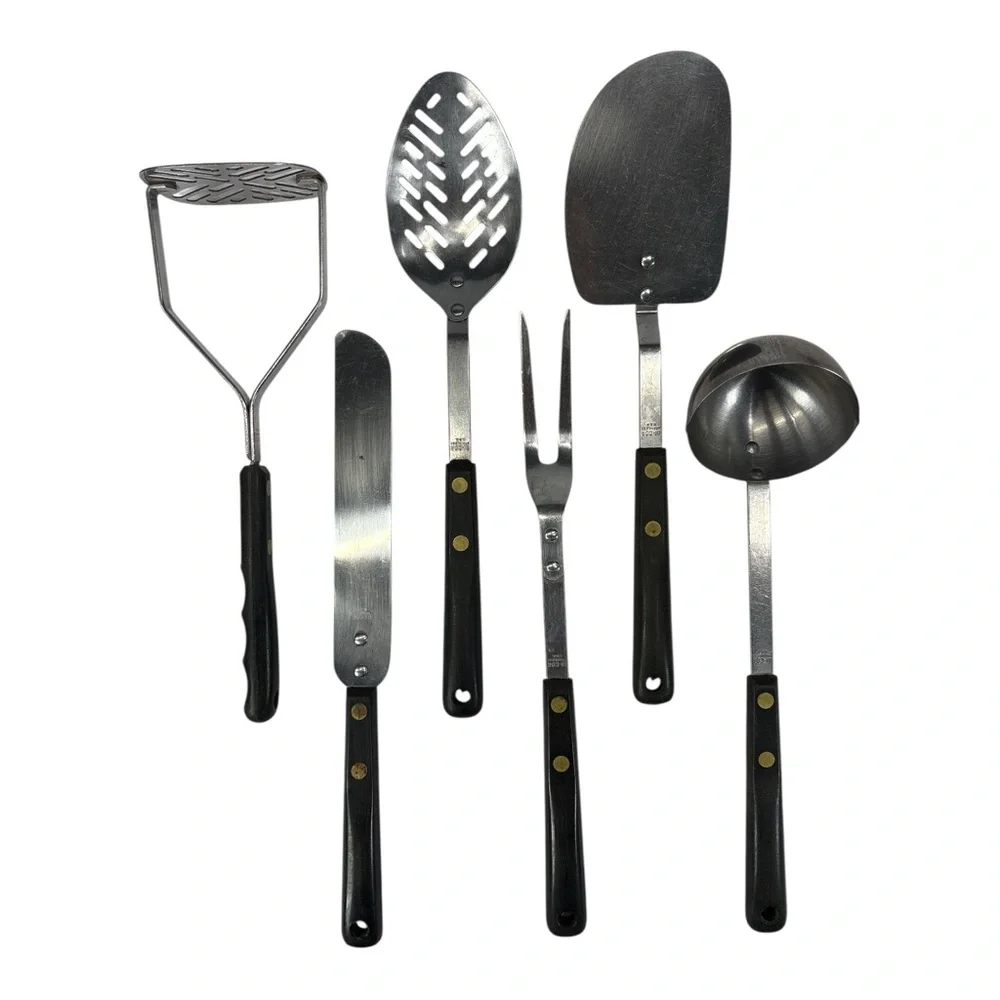 Vintage Bi-Cor Cooking Utensils Stainless Steel USA Black Handle Spatula Spoon